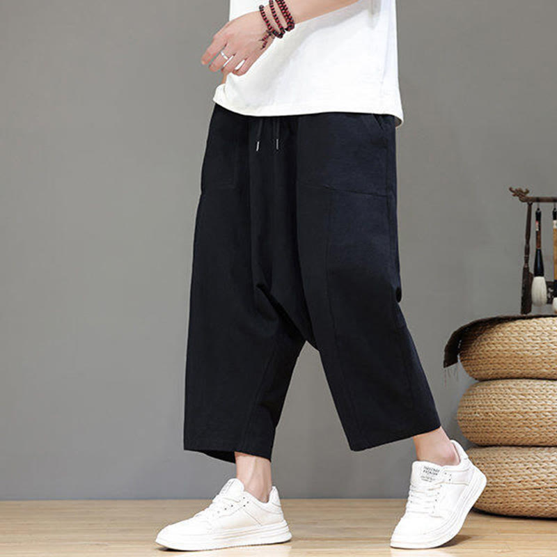 Nimara Ritual Casual Plain Low Crotch Design Drawstring Men's Cotton Elastic Waistband Wide Leg Pants With Pockets