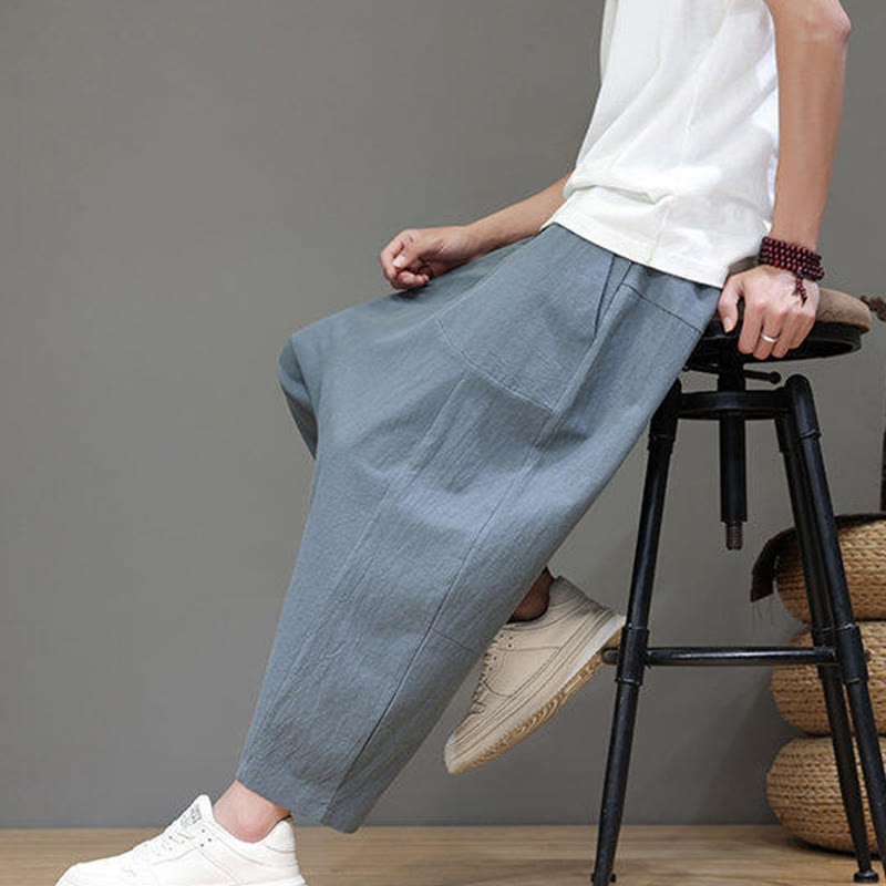 Nimara Ritual Casual Plain Low Crotch Design Drawstring Men's Cotton Elastic Waistband Wide Leg Pants With Pockets