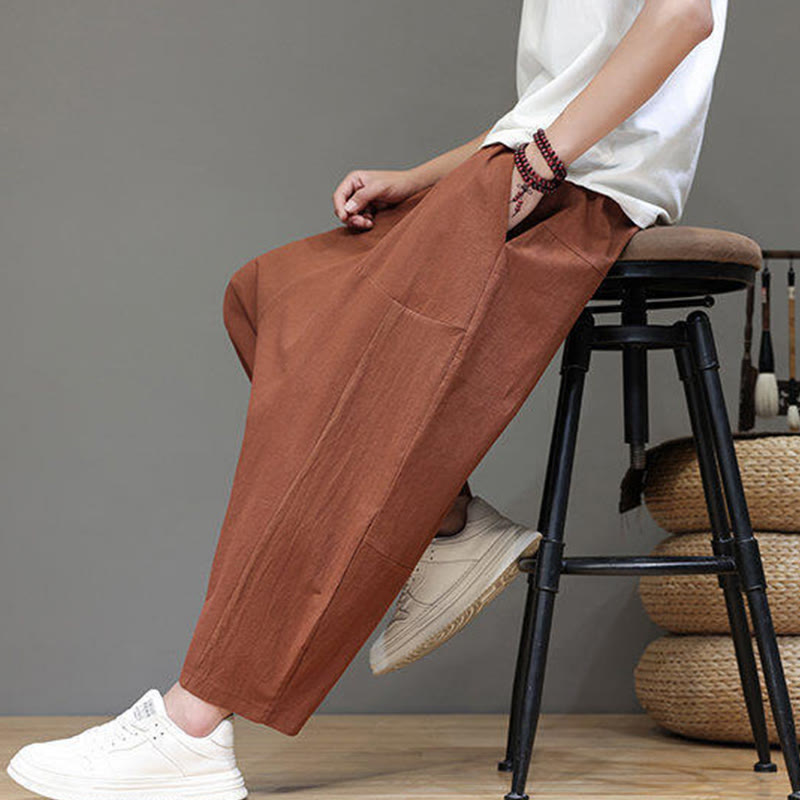 Nimara Ritual Casual Plain Low Crotch Design Drawstring Men's Cotton Elastic Waistband Wide Leg Pants With Pockets