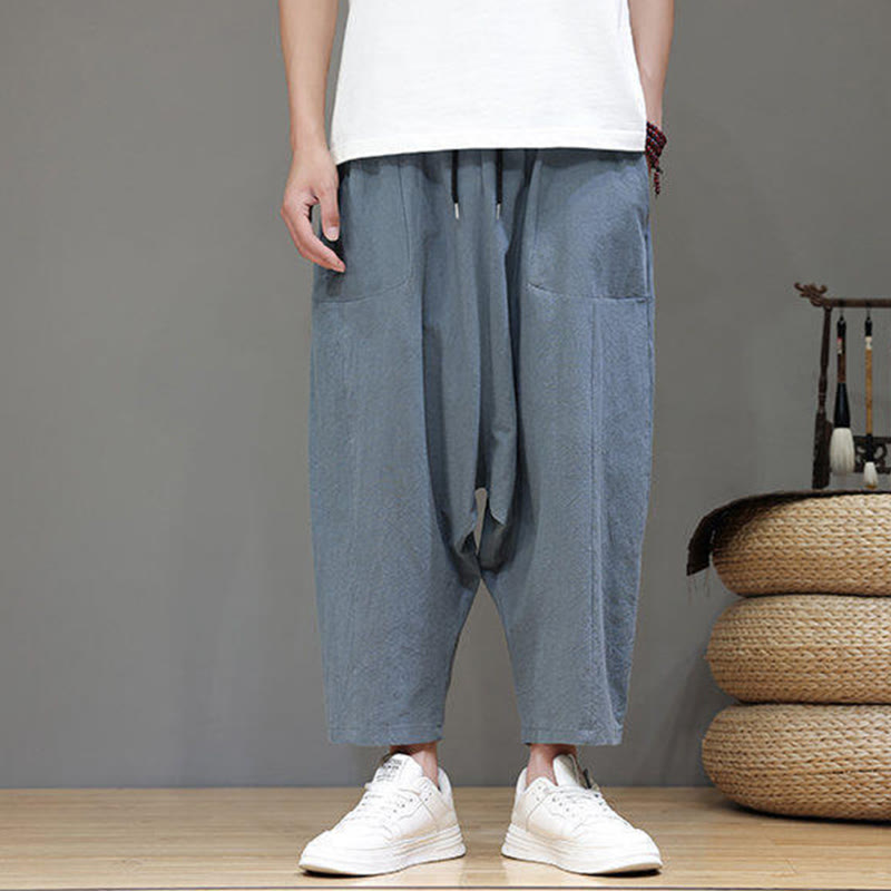 Nimara Ritual Casual Plain Low Crotch Design Drawstring Men's Cotton Elastic Waistband Wide Leg Pants With Pockets