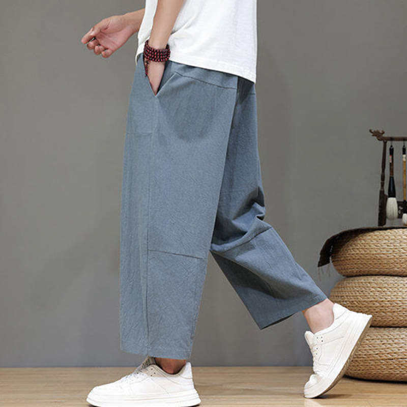 Nimara Ritual Casual Plain Low Crotch Design Drawstring Men's Cotton Elastic Waistband Wide Leg Pants With Pockets