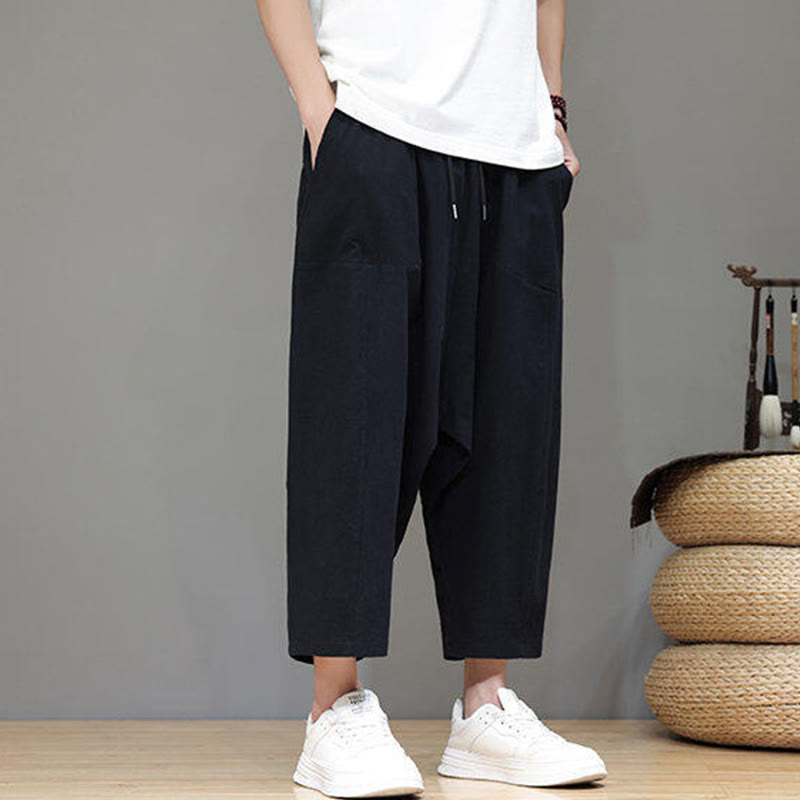Nimara Ritual Casual Plain Low Crotch Design Drawstring Men's Cotton Elastic Waistband Wide Leg Pants With Pockets