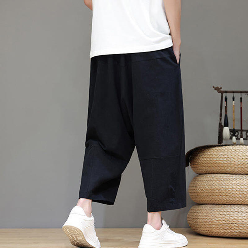 Nimara Ritual Casual Plain Low Crotch Design Drawstring Men's Cotton Elastic Waistband Wide Leg Pants With Pockets