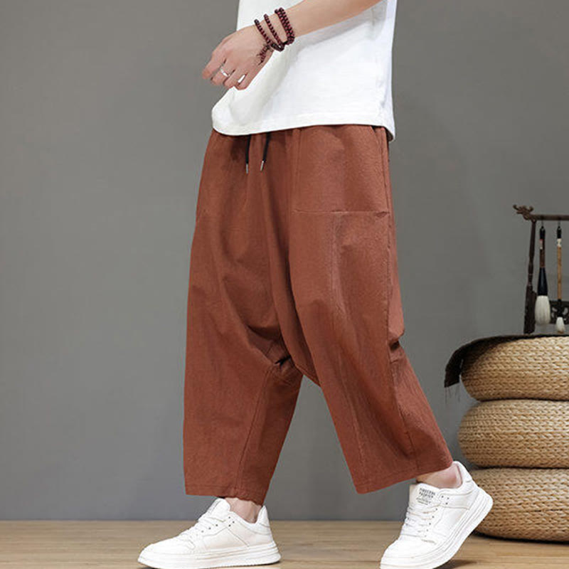 Nimara Ritual Casual Plain Low Crotch Design Drawstring Men's Cotton Elastic Waistband Wide Leg Pants With Pockets