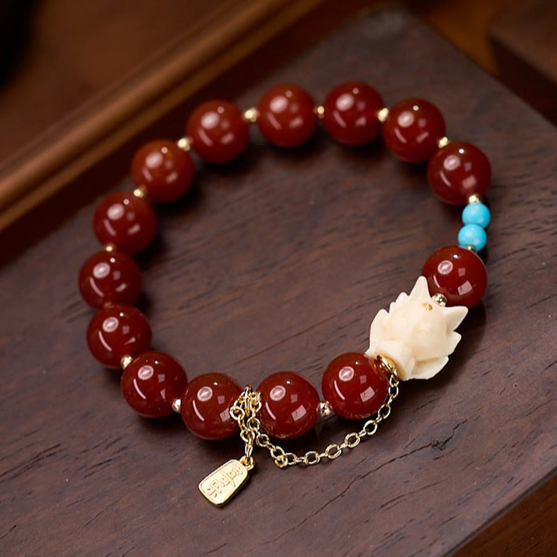 Nimara Ritual Nine Tailed Fox Joy Red Agate Ivory Fruit Copper Plated Gold Confidence Bracelet