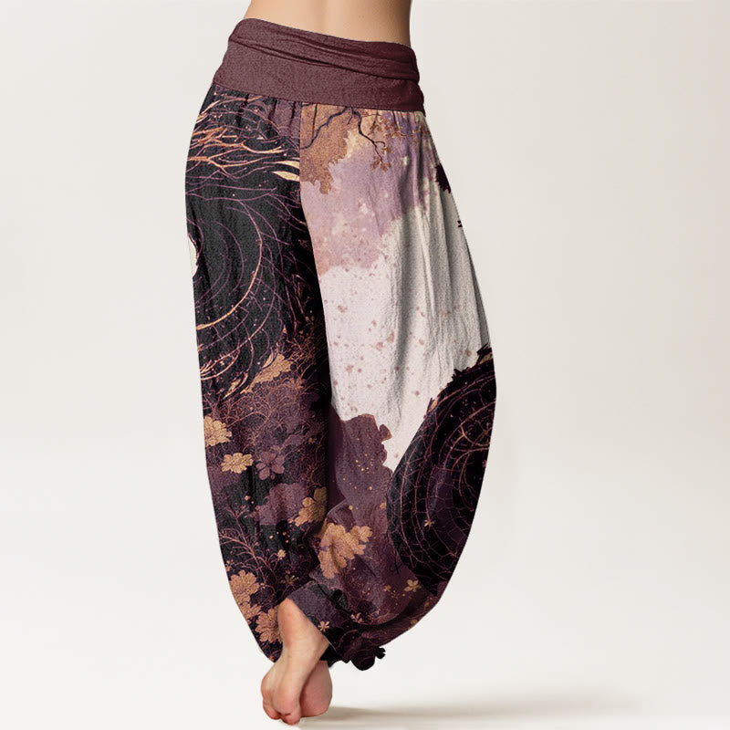 Nimara Ritual Cotton Casual Dragon Ancient Tree Pattern Women's Elastic Waist Harem Pants