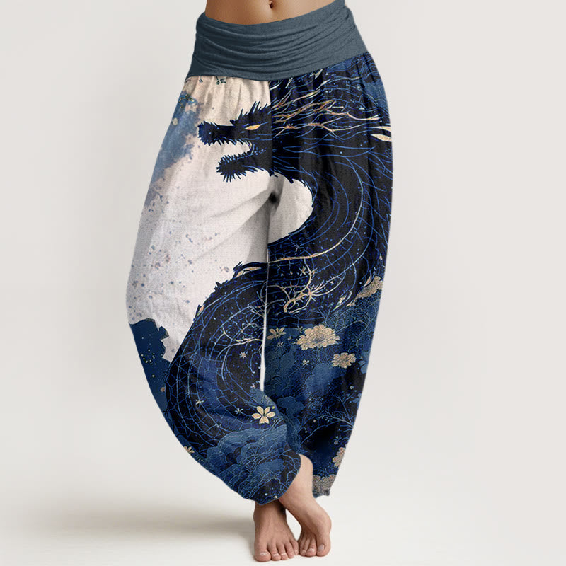Nimara Ritual Cotton Casual Dragon Ancient Tree Pattern Women's Elastic Waist Harem Pants