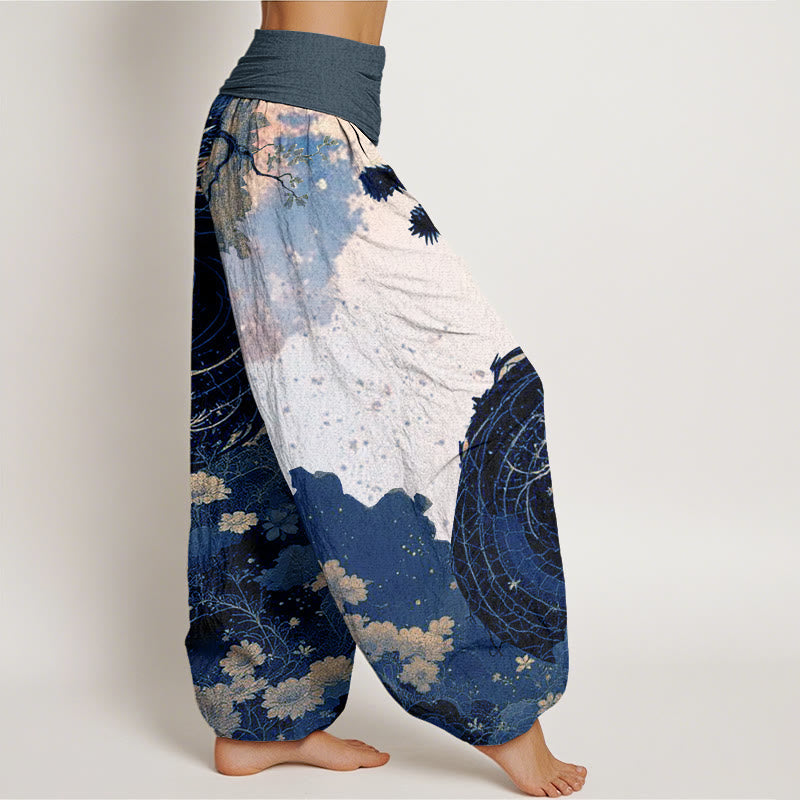 Nimara Ritual Cotton Casual Dragon Ancient Tree Pattern Women's Elastic Waist Harem Pants