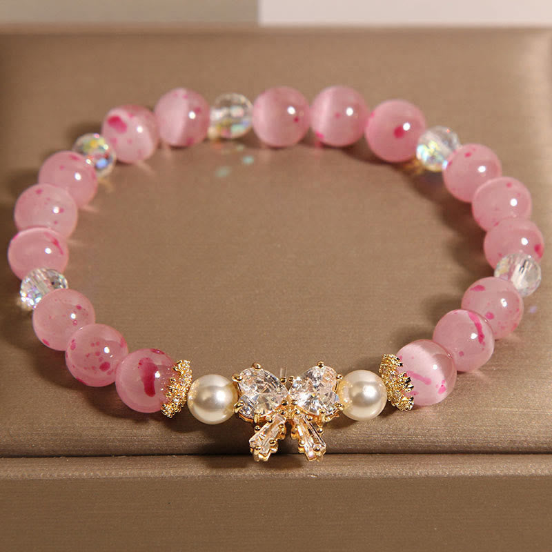 Nimara Ritual Cherry Blossom Pink Cat's Eye Pearl Bow-knot Rosette Support Bracelet