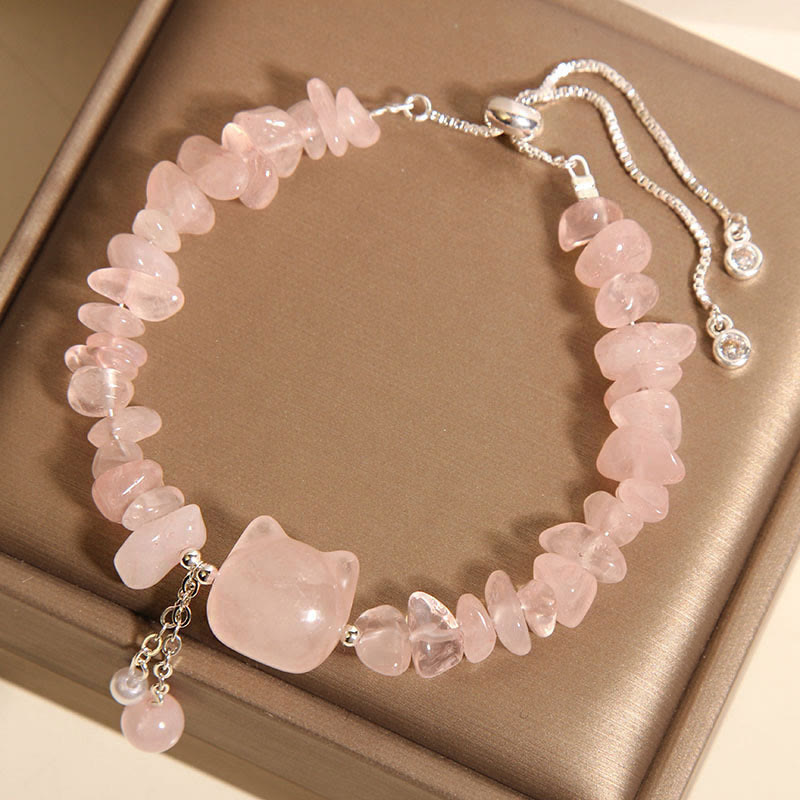 Nimara Ritual Natural Pink Crystal Agate Gravel Stone Cat Head Soothing Bracelet