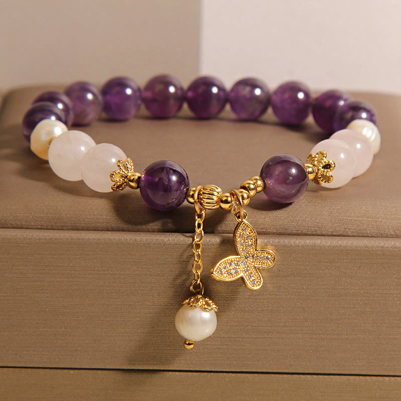 Nimara Ritual Natural Amethyst Pearl Crystal Spiritual Healing Butterfly Charm Bracelet
