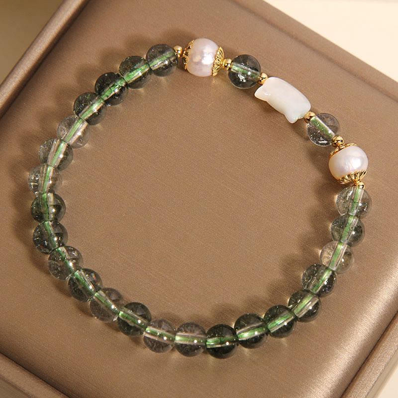 Nimara Ritual Natural Green Phantom Pearl Shell Cat Head Lucky Bracelet