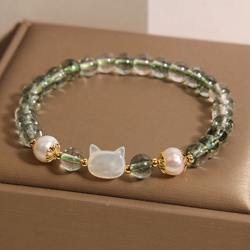 Nimara Ritual Natural Green Phantom Pearl Shell Cat Head Lucky Bracelet