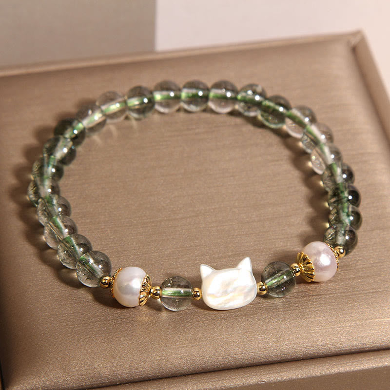 Nimara Ritual Natural Green Phantom Pearl Shell Cat Head Lucky Bracelet