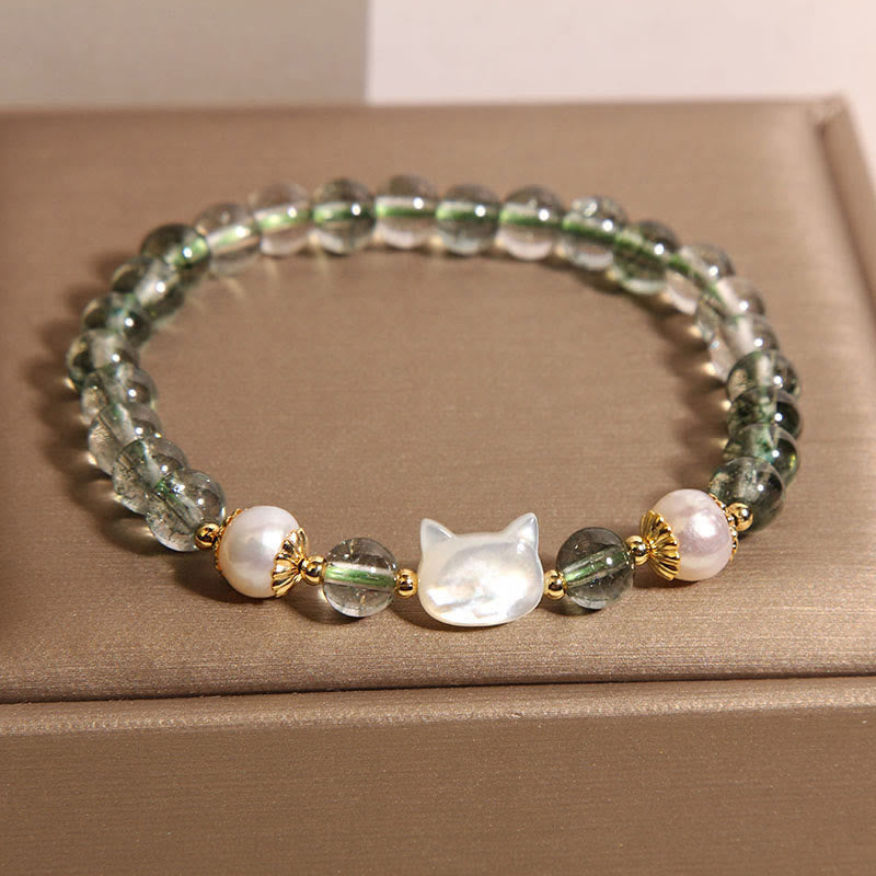 Nimara Ritual Natural Green Phantom Pearl Shell Cat Head Lucky Bracelet