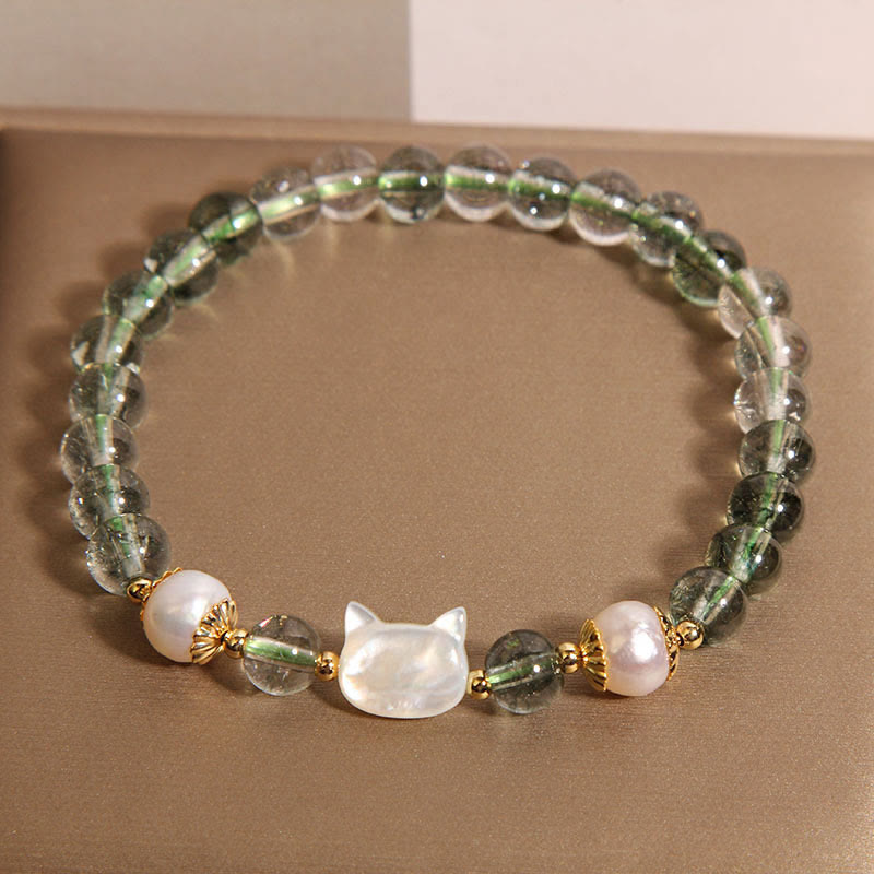 Nimara Ritual Natural Green Phantom Pearl Shell Cat Head Lucky Bracelet
