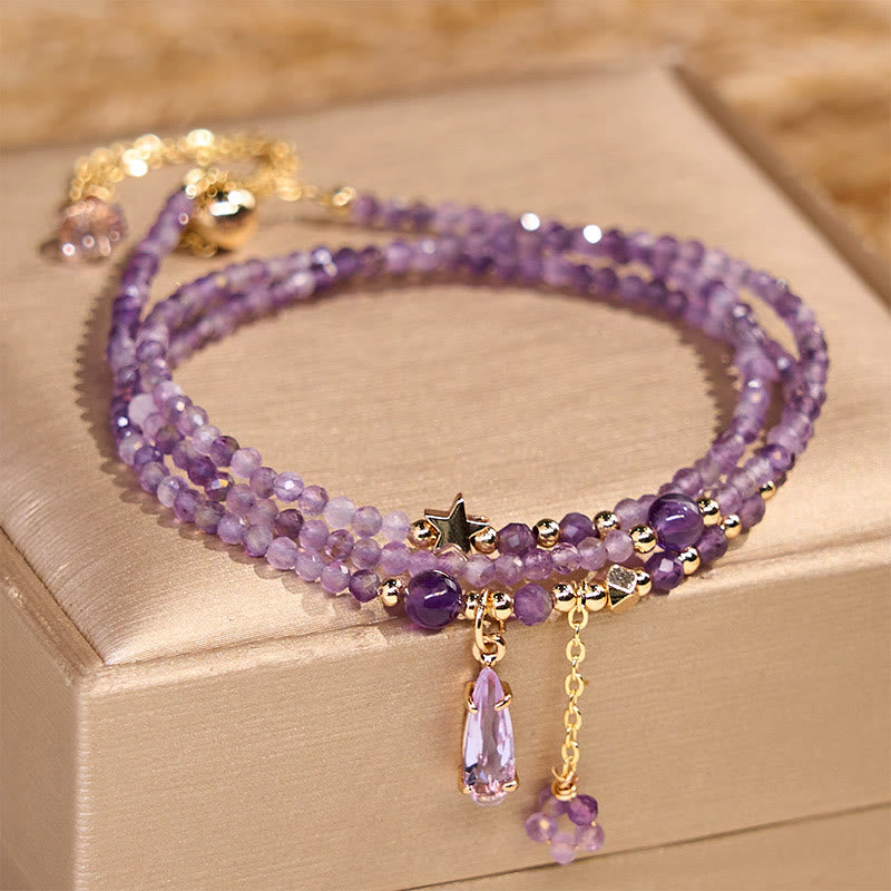 Nimara Ritual Natural Amethyst Water Drop Star Meditation Triple Wrap Bracelet