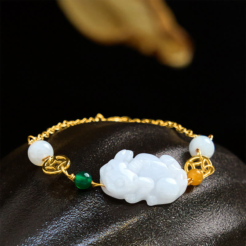Nimara Ritual Natural Jade PiXiu Carved Copper Coin Luck Chain Bracelet