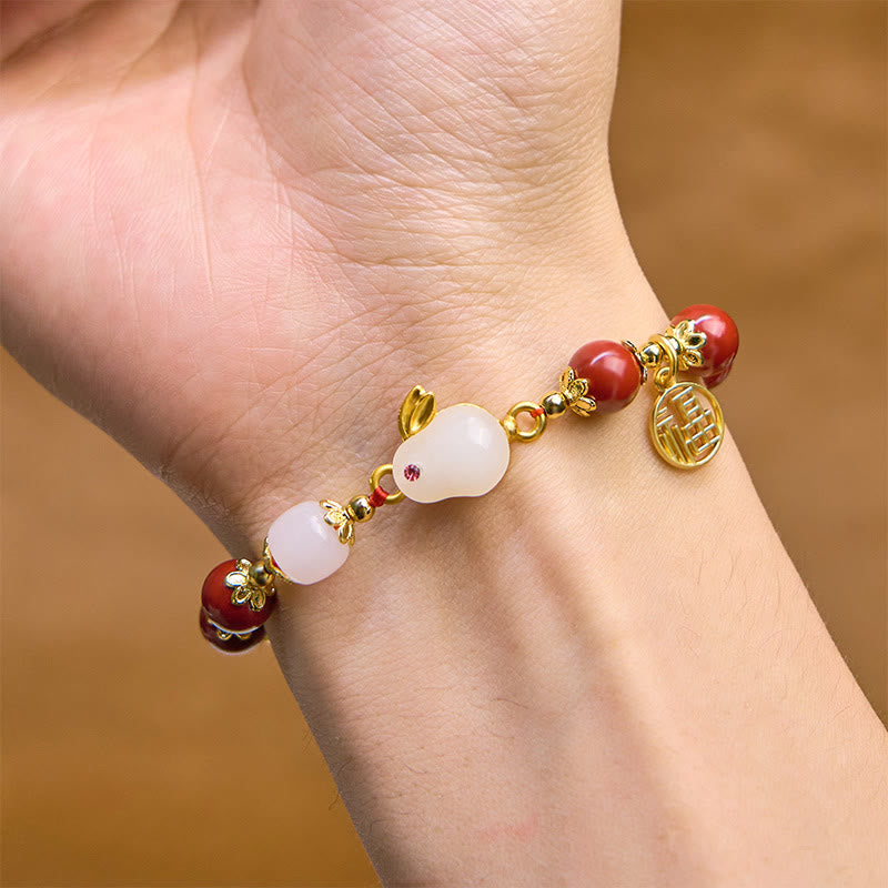 Nimara Ritual Cinnabar Cute Rabbit Bunny Fu Character Charm Blessing Bracelet