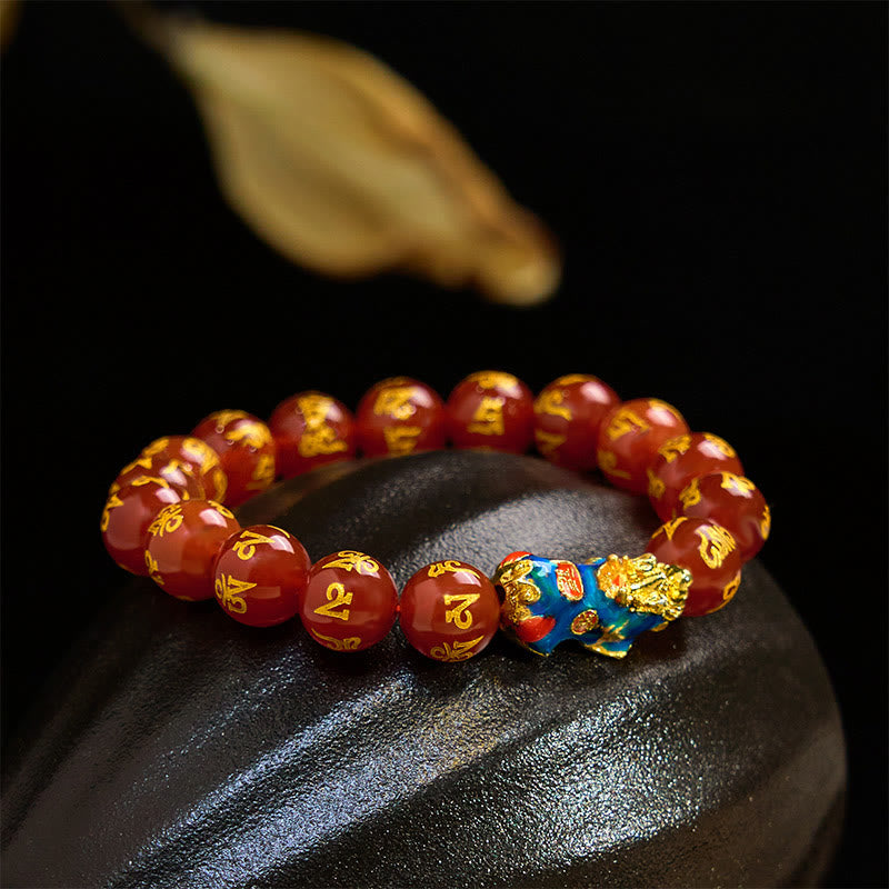 Nimara Ritual Red Agate Color Change PiXiu Om Mani Padme Hum Calm Bracelet