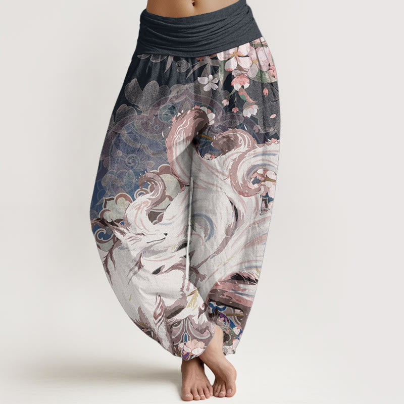 Nimara Ritual Pure Cotton Fox Cherry Blossoms Women's Elastic Waist Harem Pants