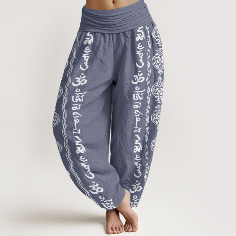 Nimara Ritual Pure Cotton Mandala Om Mani Padme Hum Women's Elastic Waist Harem Pants