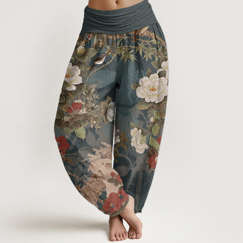 Nimara Ritual Pure Cotton Casual Peony Flowers Leaves Magpie Women's Elastic Waist Harem Pants