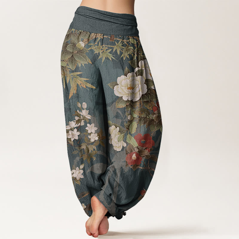 Nimara Ritual Pure Cotton Casual Peony Flowers Leaves Magpie Women's Elastic Waist Harem Pants