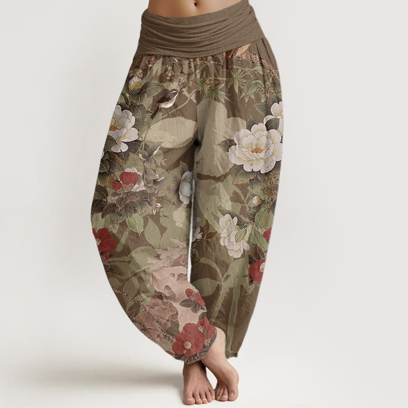 Nimara Ritual Pure Cotton Casual Peony Flowers Leaves Magpie Women's Elastic Waist Harem Pants