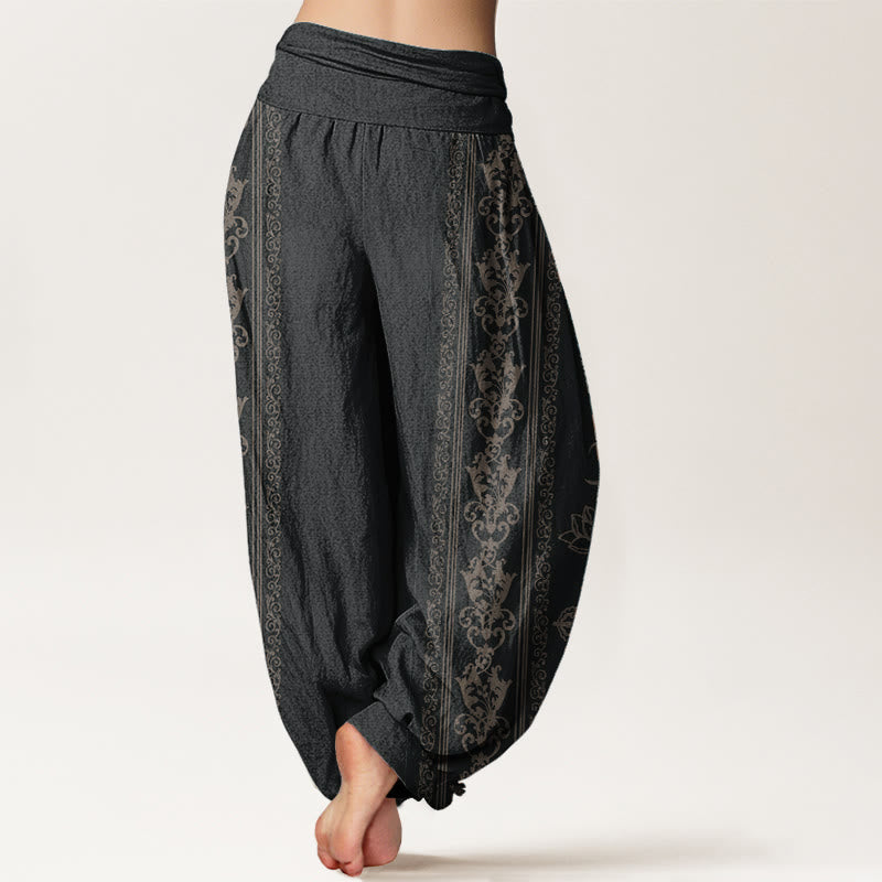 Nimara Ritual Pure Cotton Lotus Flowers Double Dorje Vajra Namaste Om Design Women's Elastic Waist Harem Pants