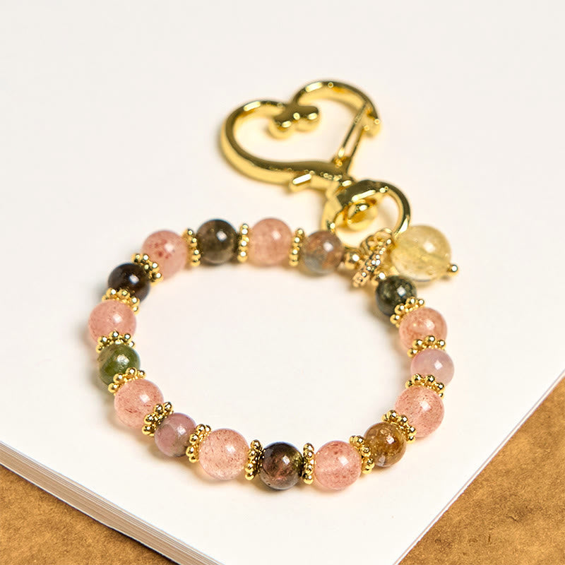 Nimara Ritual Natural Strawberry Quartz Crystal Beads Positive Key Chain Phone Hanging Decoration