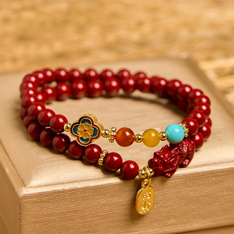 Nimara Ritual Cinnabar PiXiu Fu Character Blessing Double Wrap Bracelet
