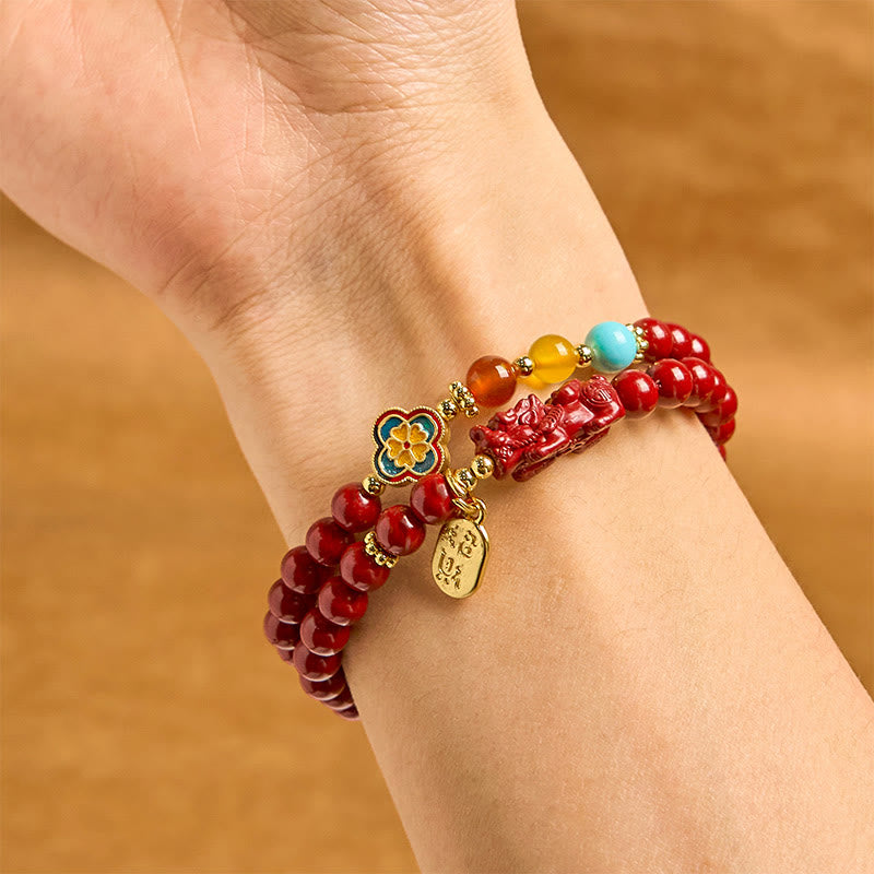 Nimara Ritual Cinnabar PiXiu Fu Character Blessing Double Wrap Bracelet