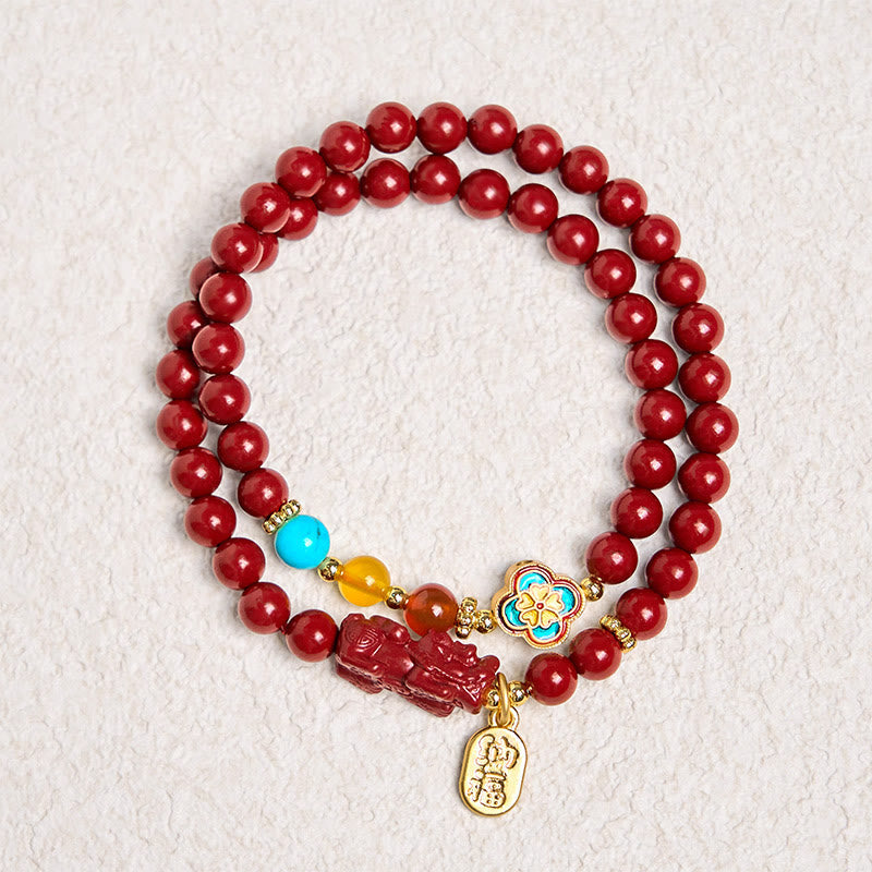 Nimara Ritual Cinnabar PiXiu Fu Character Blessing Double Wrap Bracelet