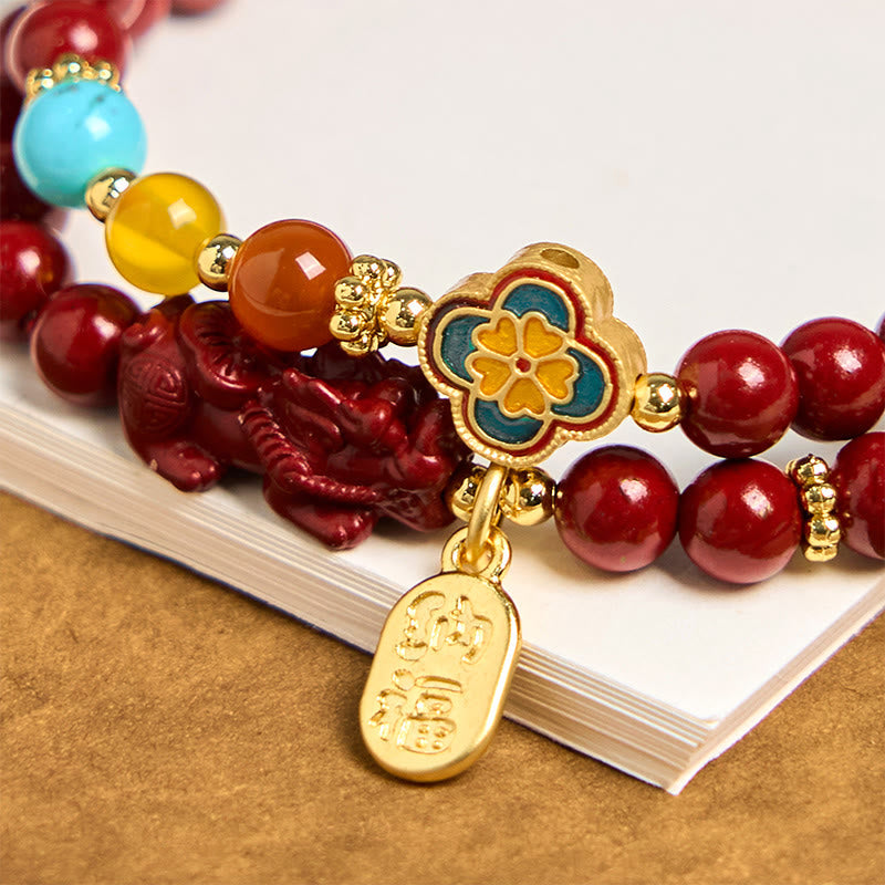 Nimara Ritual Cinnabar PiXiu Fu Character Blessing Double Wrap Bracelet