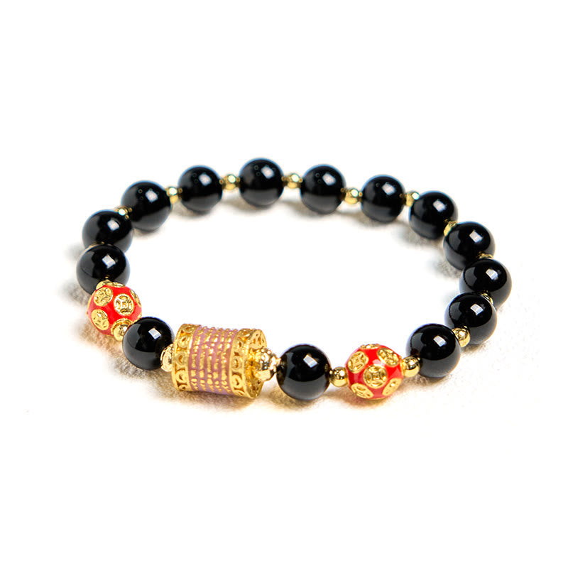 Nimara Ritual Natural Black Onyx Five Scripture Copper Coins Fortune Bracelet