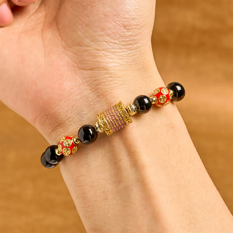 Nimara Ritual Natural Black Onyx Five Scripture Copper Coins Fortune Bracelet