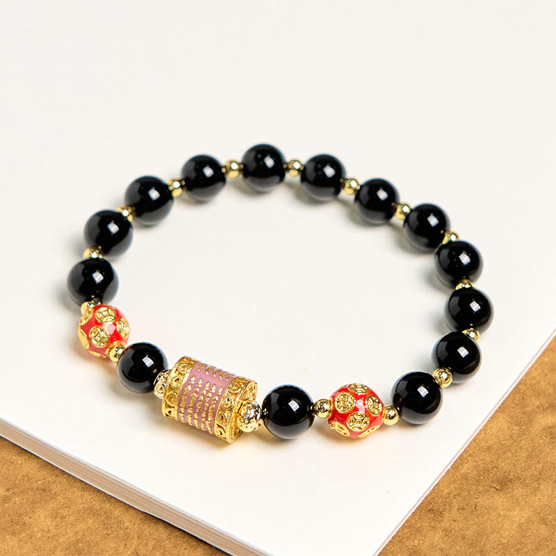 Nimara Ritual Natural Black Onyx Five Scripture Copper Coins Fortune Bracelet