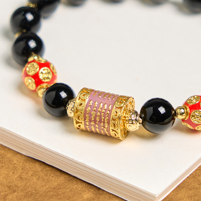 Nimara Ritual Natural Black Onyx Five Scripture Copper Coins Fortune Bracelet