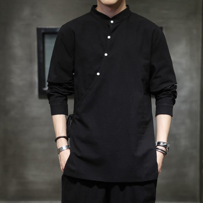 Nimara Ritual Plain Lace-Up Simple Button Design Men's Long Sleeve Cotton Linen Shirt Clothing