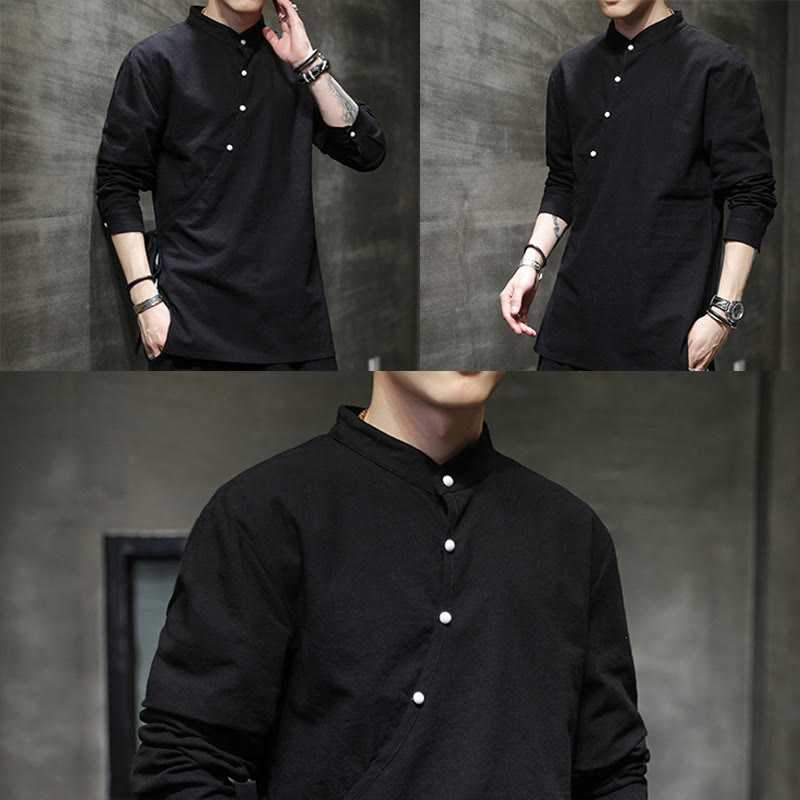 Nimara Ritual Plain Lace-Up Simple Button Design Men's Long Sleeve Cotton Linen Shirt Clothing