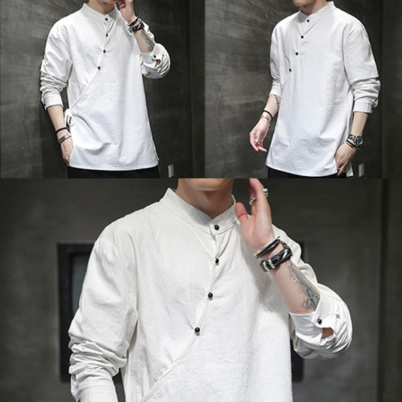 Nimara Ritual Plain Lace-Up Simple Button Design Men's Long Sleeve Cotton Linen Shirt Clothing
