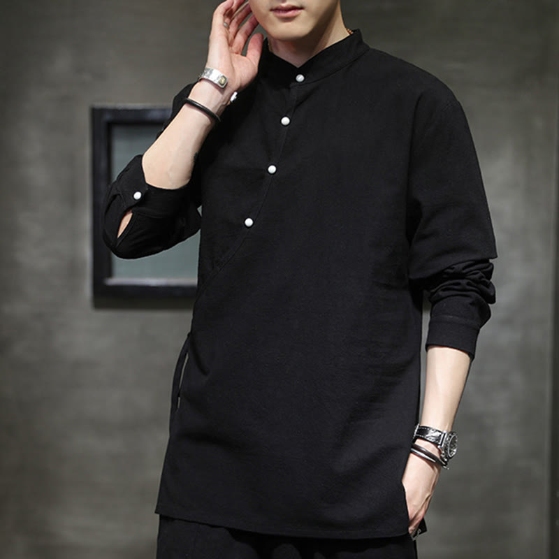 Nimara Ritual Plain Lace-Up Simple Button Design Men's Long Sleeve Cotton Linen Shirt Clothing