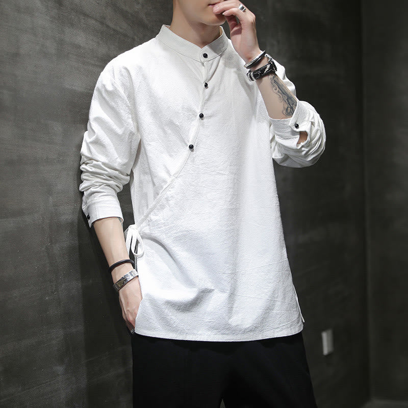 Nimara Ritual Plain Lace-Up Simple Button Design Men's Long Sleeve Cotton Linen Shirt Clothing