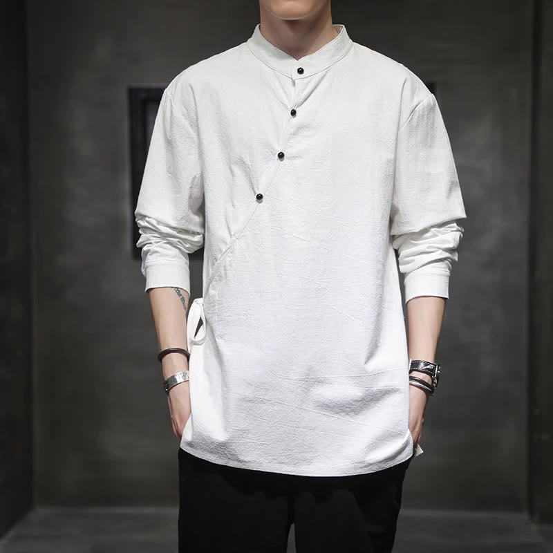 Nimara Ritual Plain Lace-Up Simple Button Design Men's Long Sleeve Cotton Linen Shirt Clothing