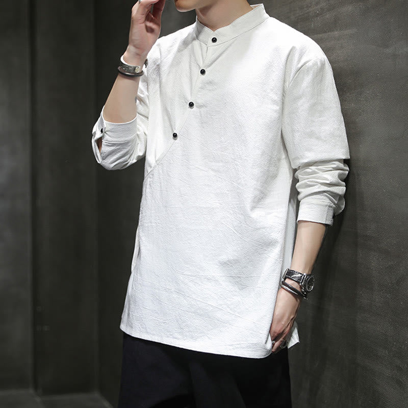 Nimara Ritual Plain Lace-Up Simple Button Design Men's Long Sleeve Cotton Linen Shirt Clothing