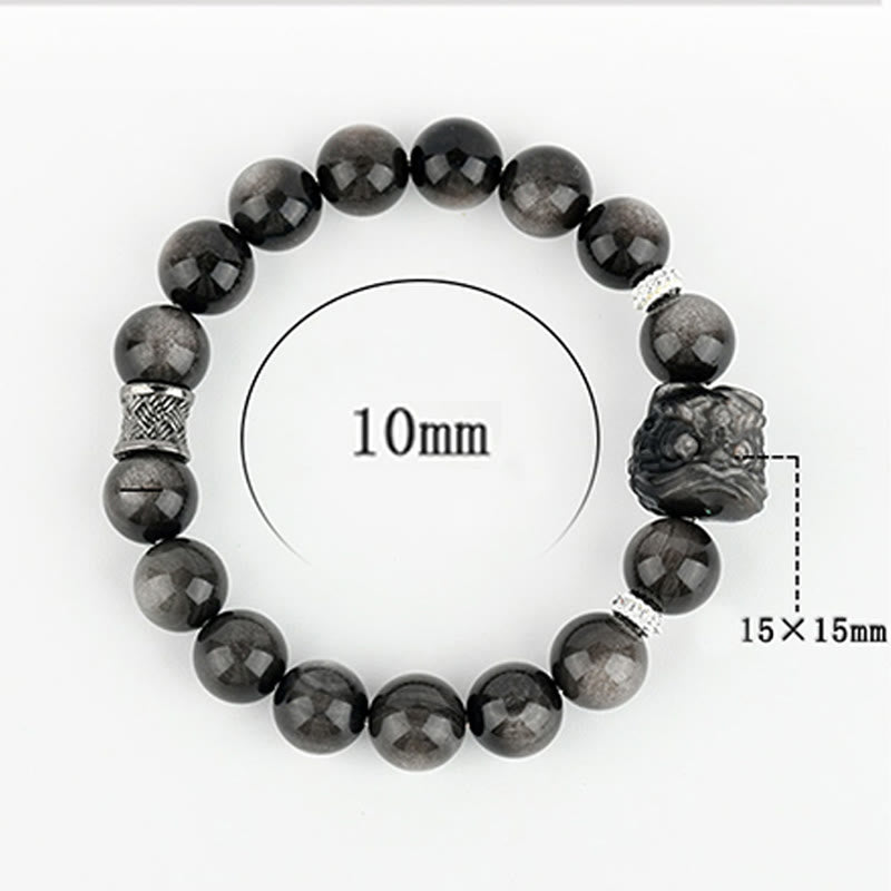 Nimara Ritual Natural Silver Sheen Obsidian Lion Dance Protection Bracelet
