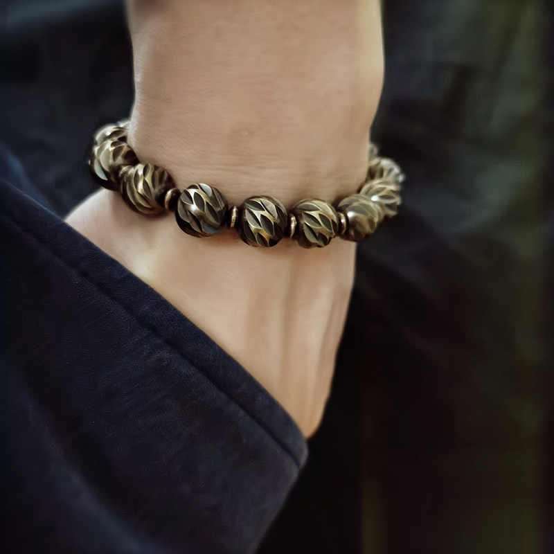 Nimara Ritual Vintage Distressed Knife Carving Pattern Copper Brass Beads Wealth Bracelet