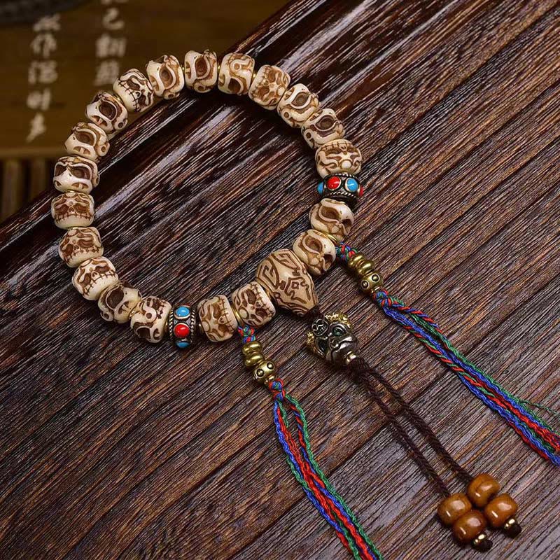 Nimara Ritual Tibetan Camel Bone Garuda Carved Protection Tassel Bracelet