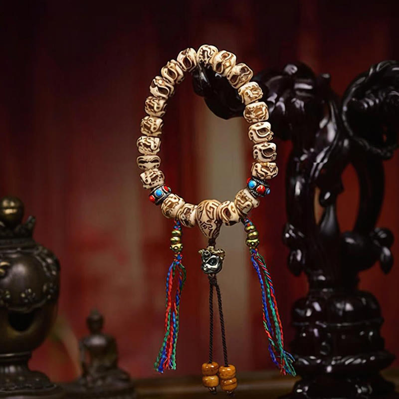 Nimara Ritual Tibetan Camel Bone Garuda Carved Protection Tassel Bracelet